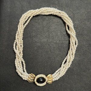 Korea Multiple Strand Faux Pearls W/ Black Glass & Rhinestone Clasp VTG Necklace
